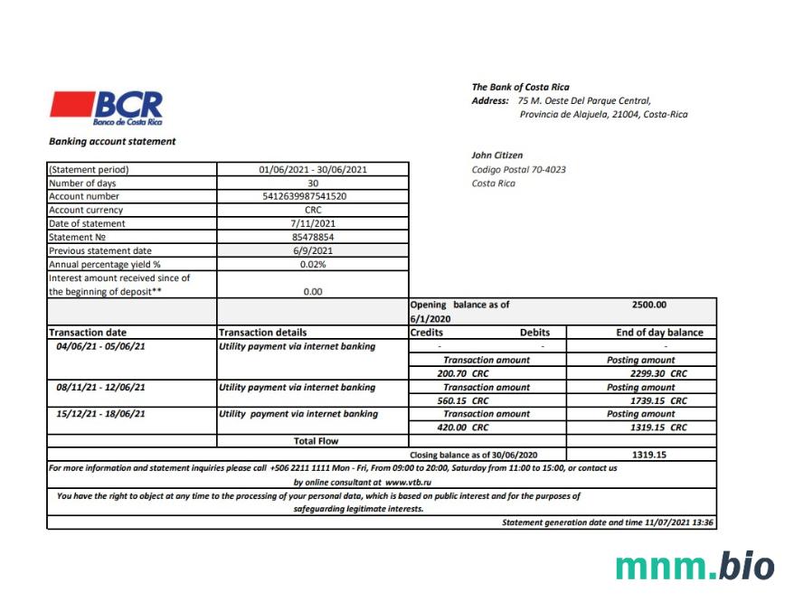 Costa Rica Banco Nacional de Costa Rica wzór wyciągu bankowego w formacie Word i PDF
